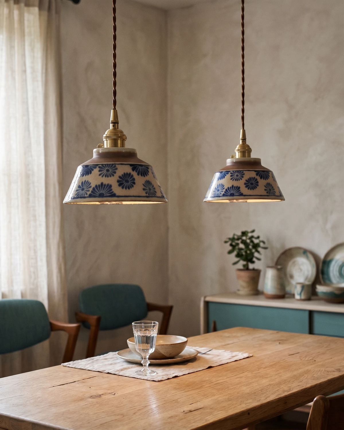 Two ceramic pendant lights MELI No.05 in indigo floral lit over a wooden dining table with teal chairs