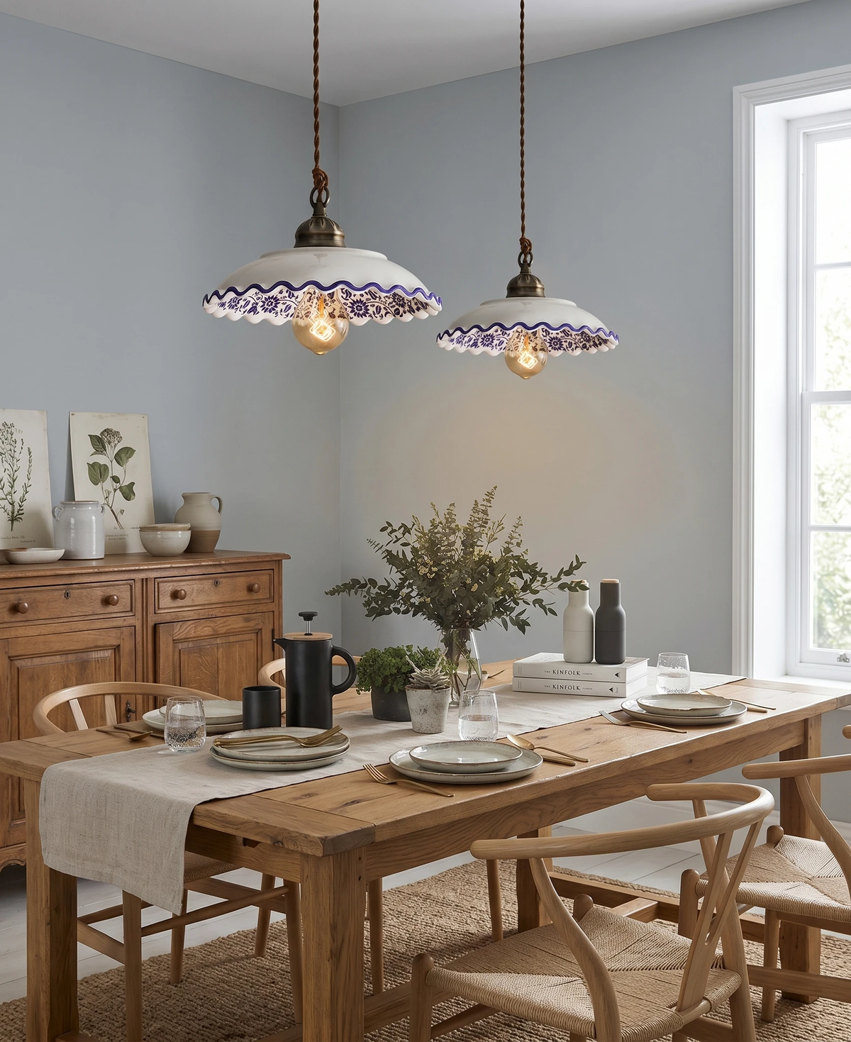 Two ceramic pendant lights MELI No.01 with blue floral rims switched on above a farmhouse dining table