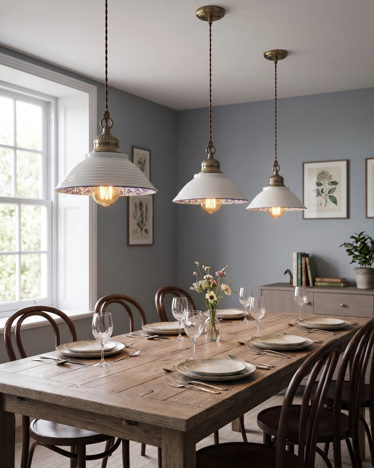 Three ceramic pendant lights MELI No.01 lit in a row over a long wooden dining table with dark bentwood chairs
