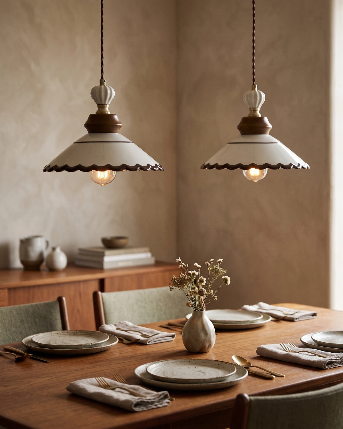 Ceramic pendant light MELI No.02, two scalloped porcelain pendants lit above a wooden dining table set for a meal