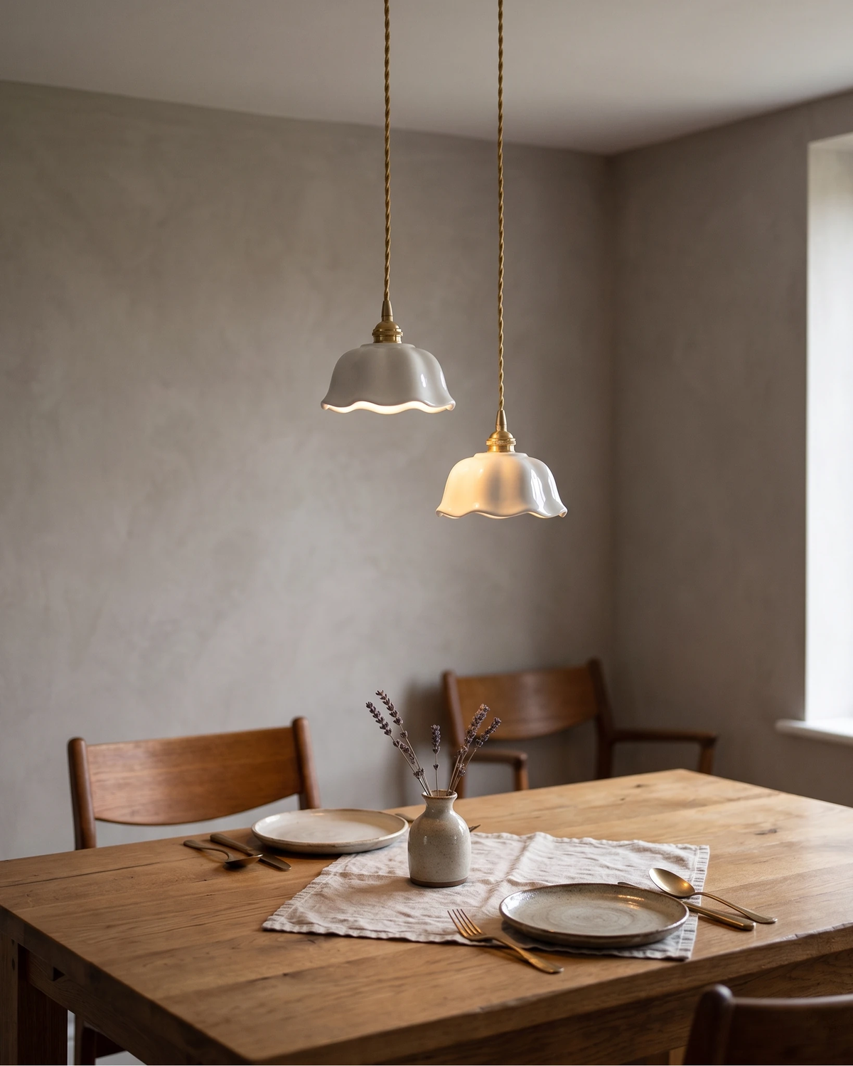 Ceramic pendant light MELI No.03, two units lit over a wooden dining table with chairs in a plaster walled room
