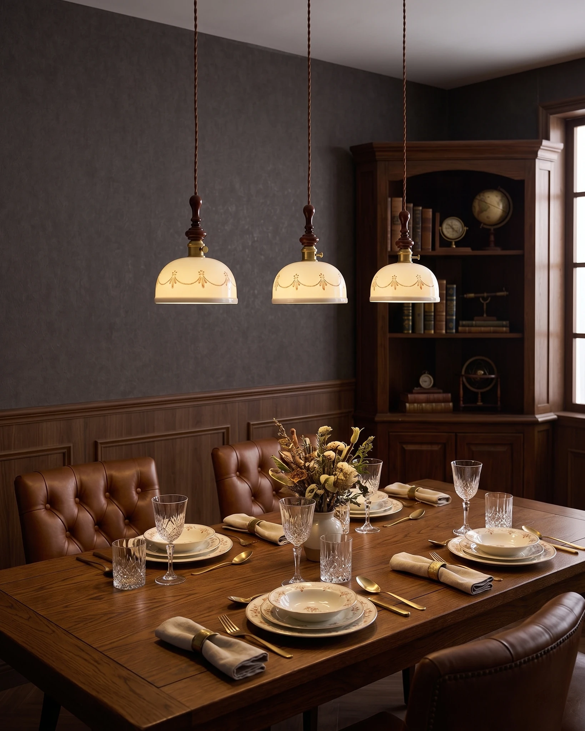 Three ceramic pendant lights MILA No.01 with dome shades lit in a row above a walnut dining table with leather chairs