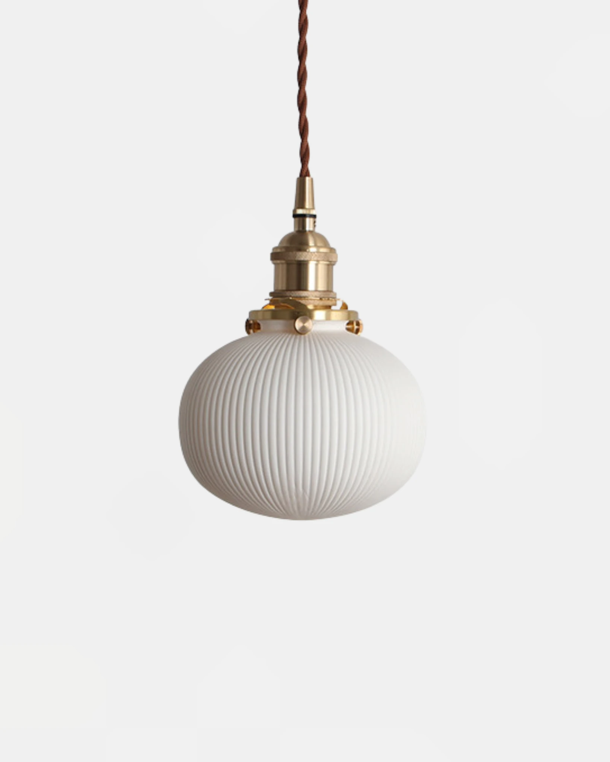 Ceramic pendant light SERA No.01 Fluted Pebble, rounded ribbed white shade with a brass cap and twisted cord, unlit