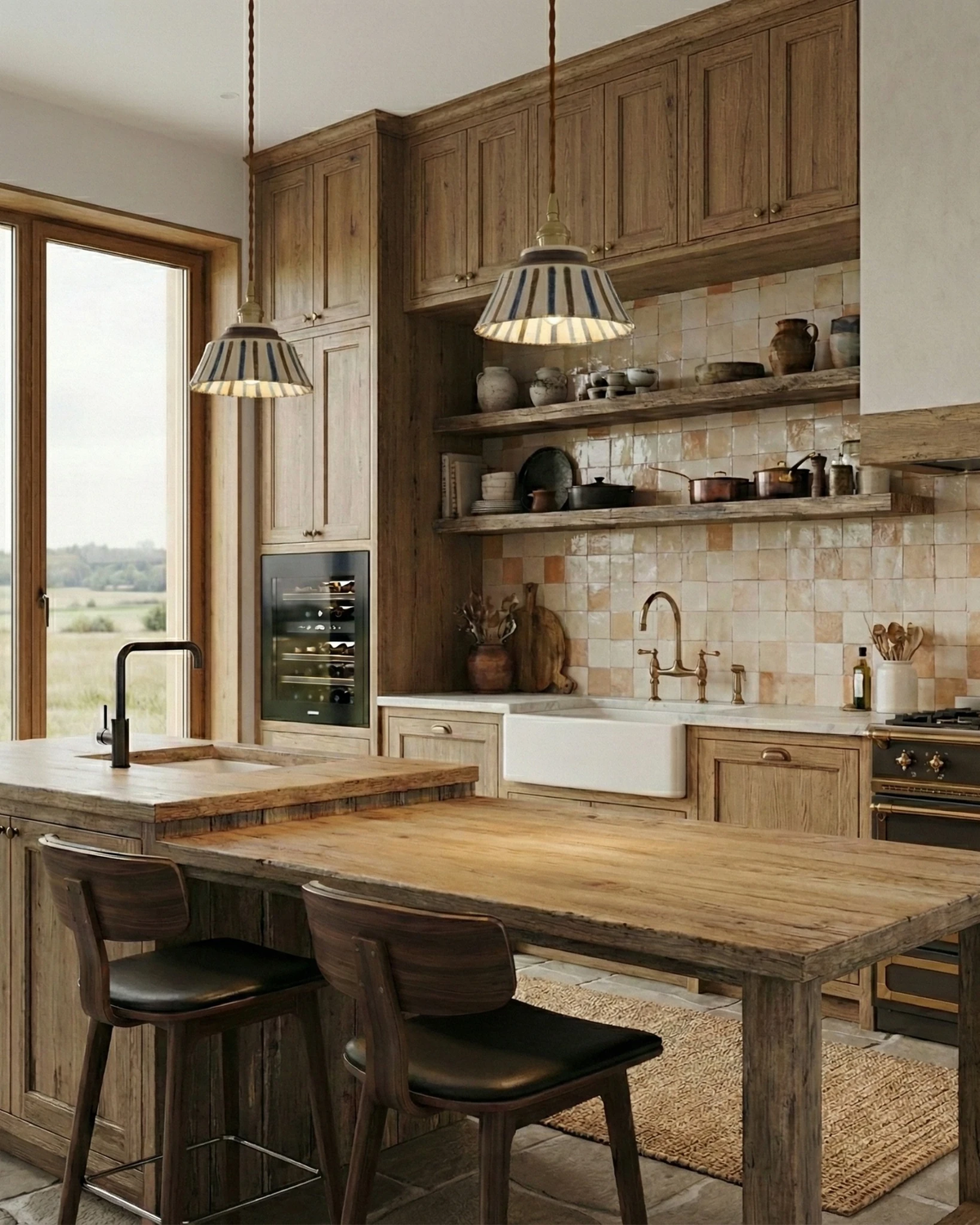 Two ceramic pendant lights MELI No.05 in the blue stripe motif lit over a wooden kitchen island with stools