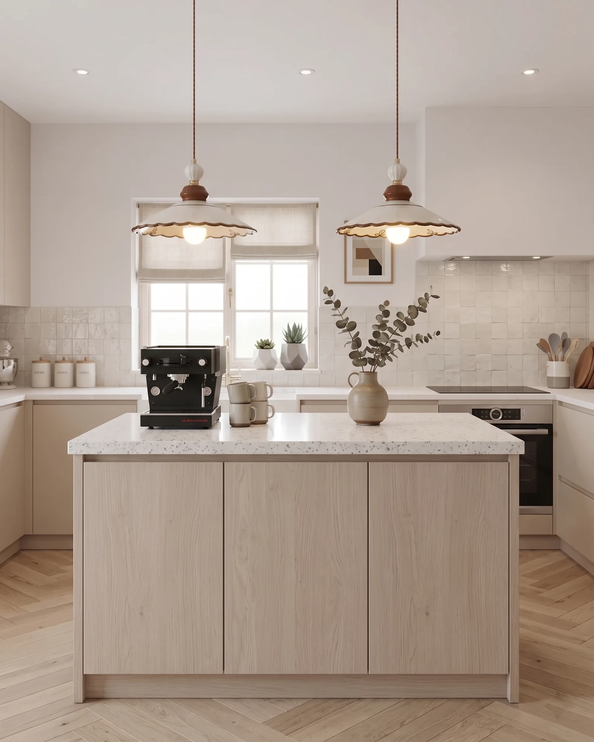 Ceramic pendant light MELI No.02, two pendants lit over a light wood kitchen island with a coffee machine