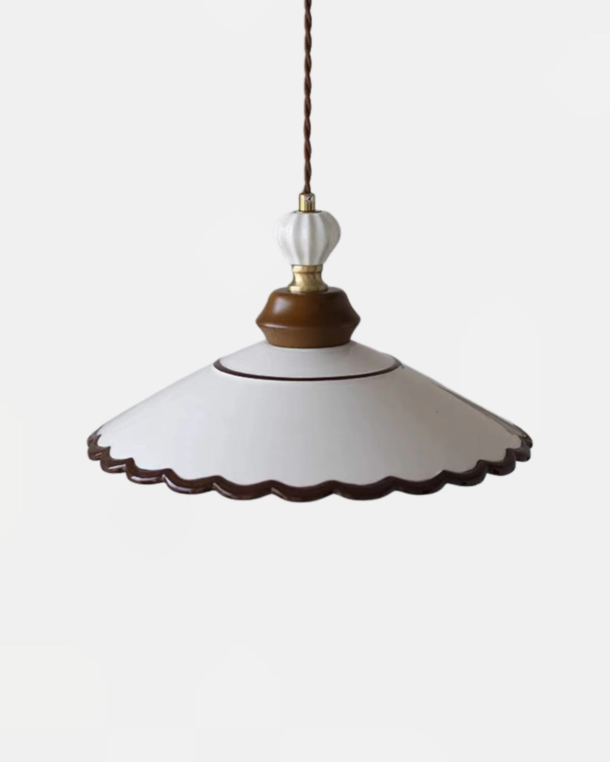 Ceramic pendant light MELI No.02 in the large size, festooned porcelain shade with a walnut cap, unlit