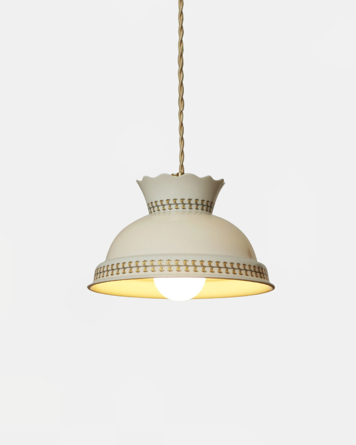 Ceramic pendant light TERRA No.01, white enameled dome with relief band and scalloped top, switched on