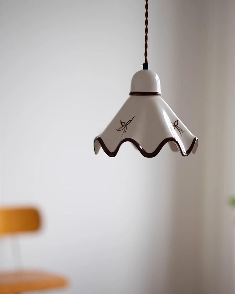 Ceramic pendant light CAPRI No.01 Marquise, white scalloped shade with brown trim and floral motif on a twisted cord, unlit