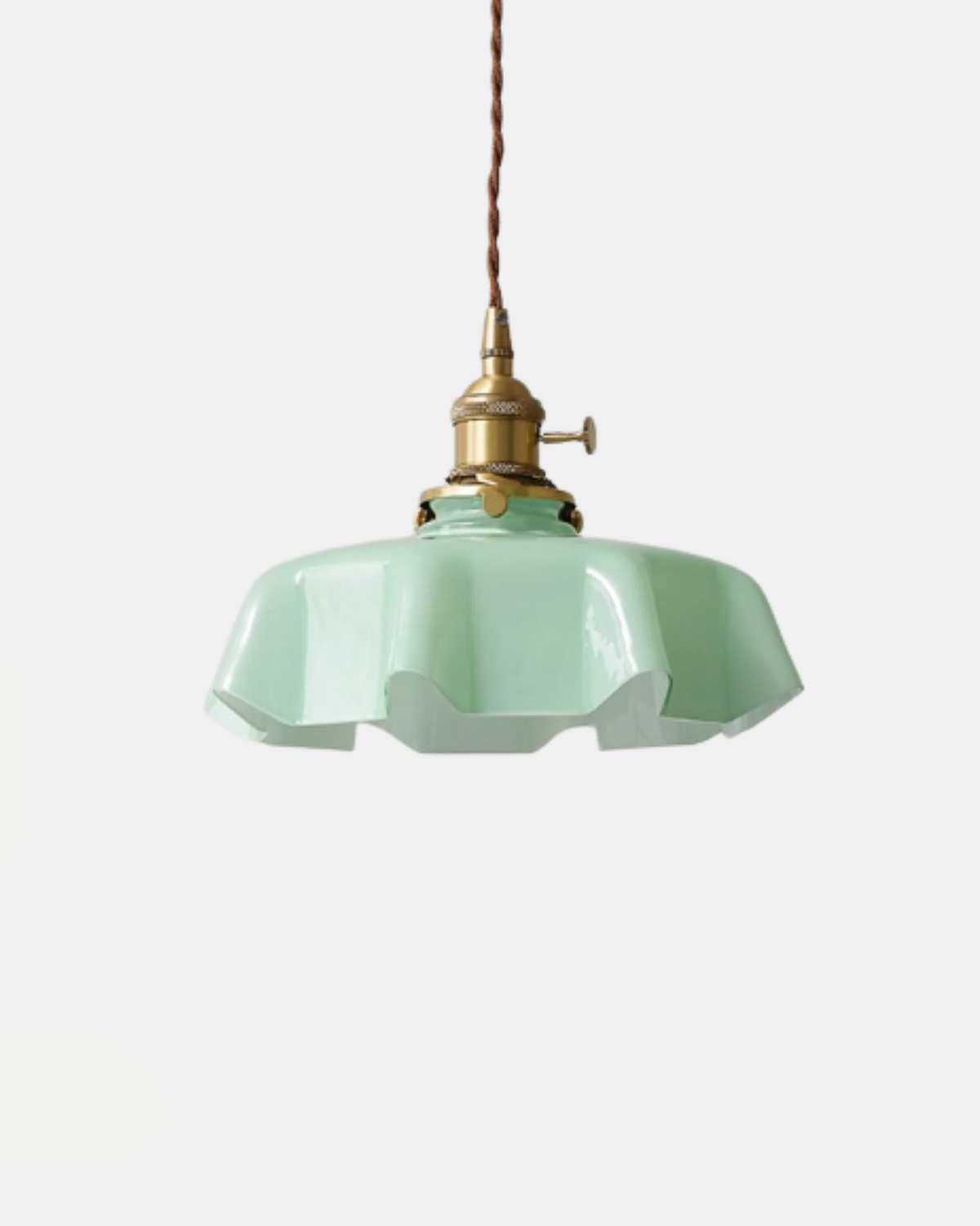 Ceramic pendant light CORA No.01 in olive green, scalloped porcelain shade with brass socket and switch
