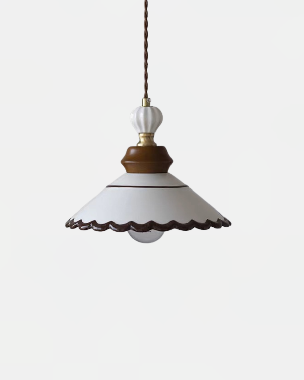 Ceramic pendant light MELI No.02 in the small size, scalloped white porcelain shade with walnut cap, unlit