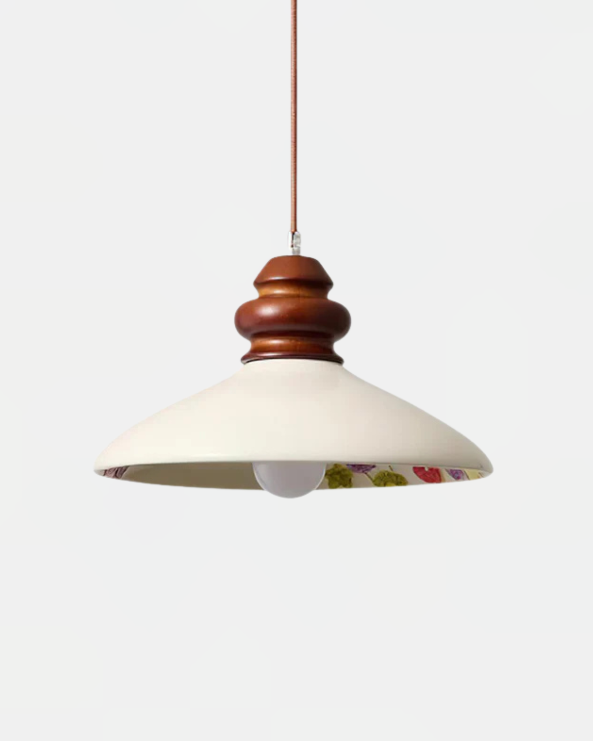 Ceramic pendant light VIOLA No.01, cream cone shade with a turned walnut-tone crown and hand-painted floral rim, unlit