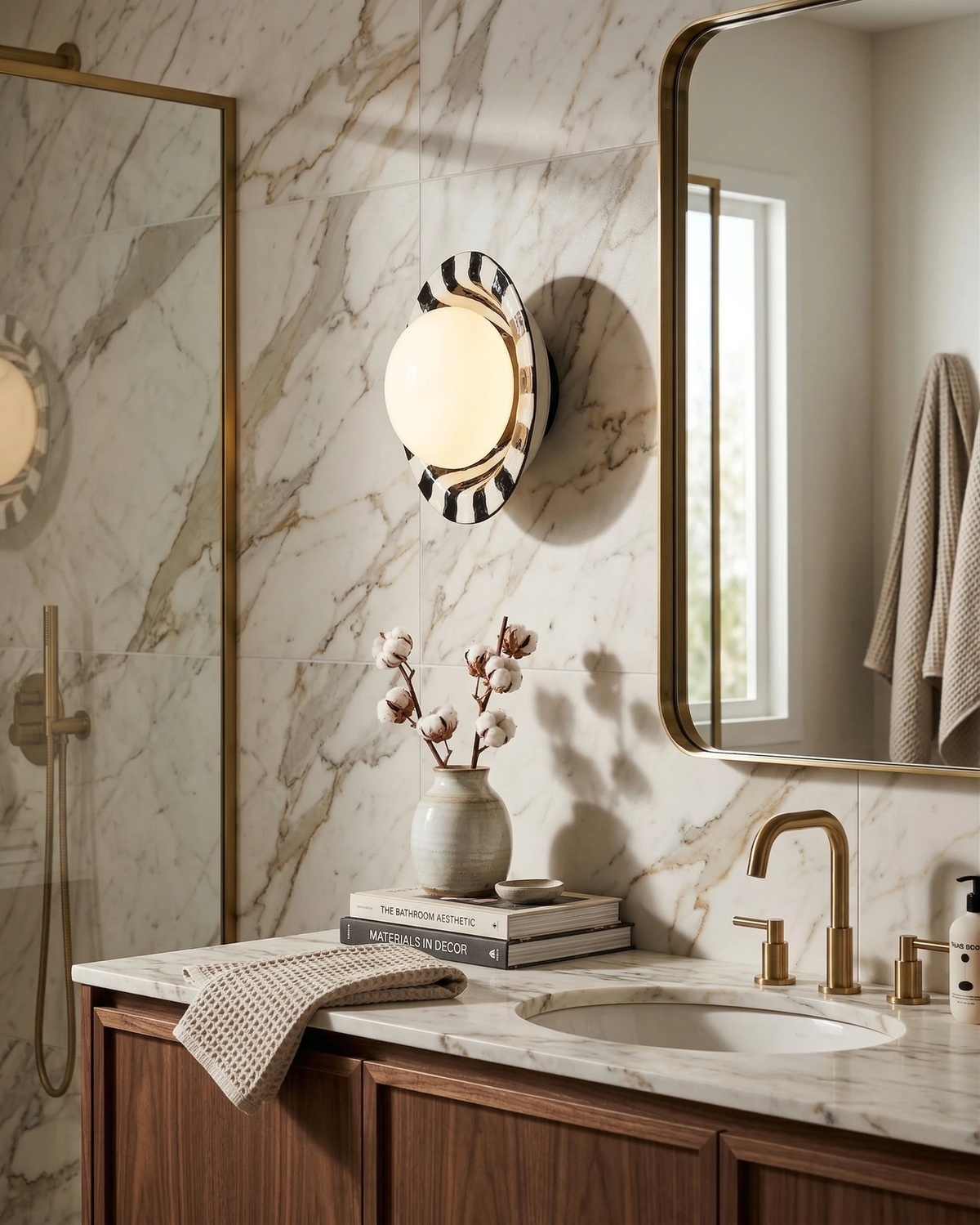 Ceramic wall sconce OLEA No.01 lit on a marble wall beside a brass mirror above a sink with brass faucet