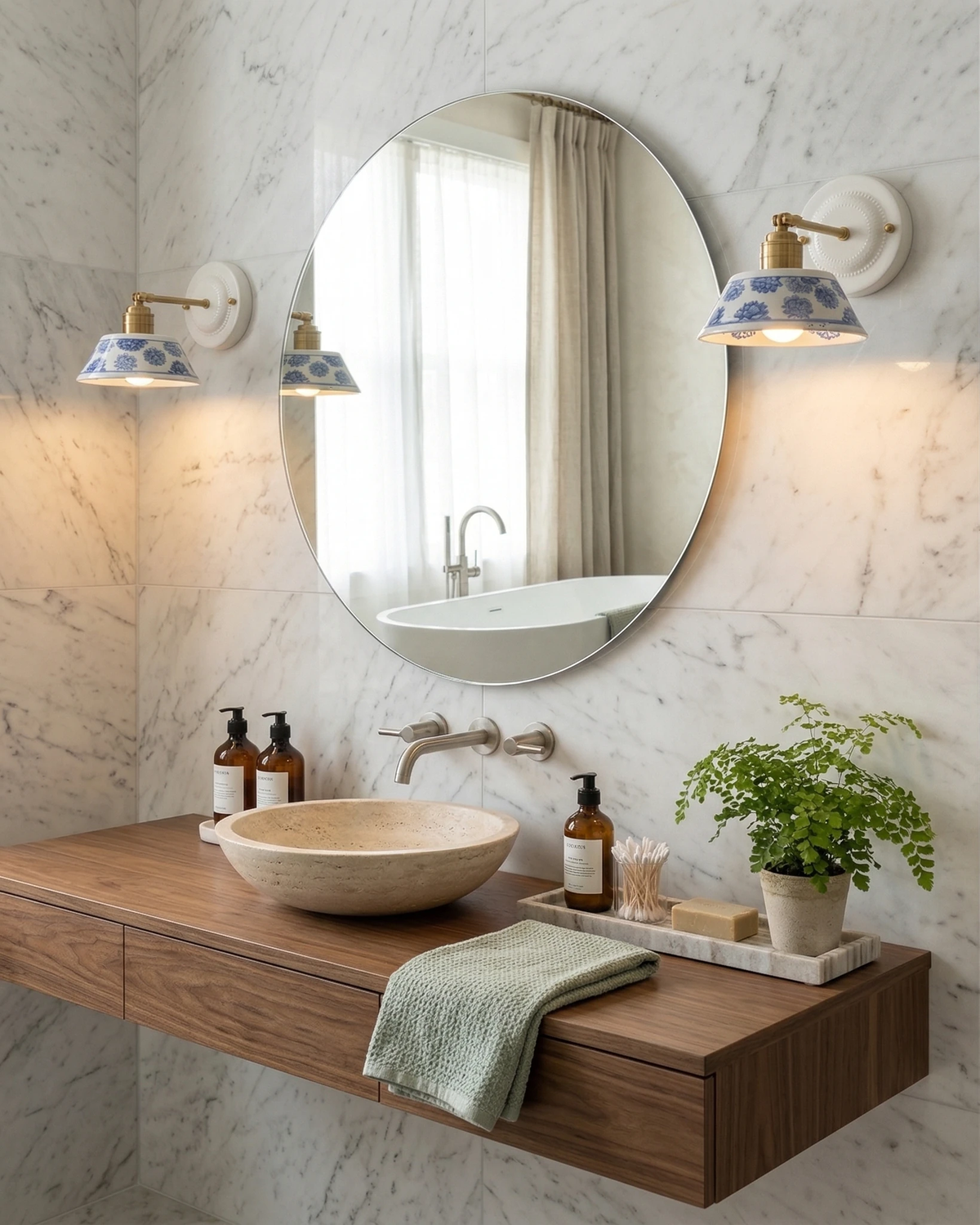 Ceramic wall sconce FIORA No.01 beside a round mirror above a bathroom vanity