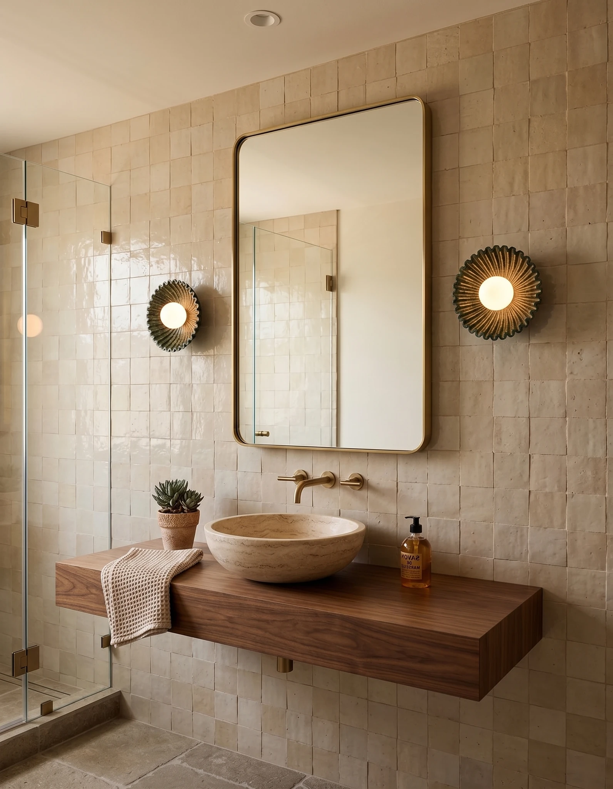 Two ceramic wall sconces RAGGI No.01 in green lit either side of a mirror on zellige tile above a walnut floating vanity