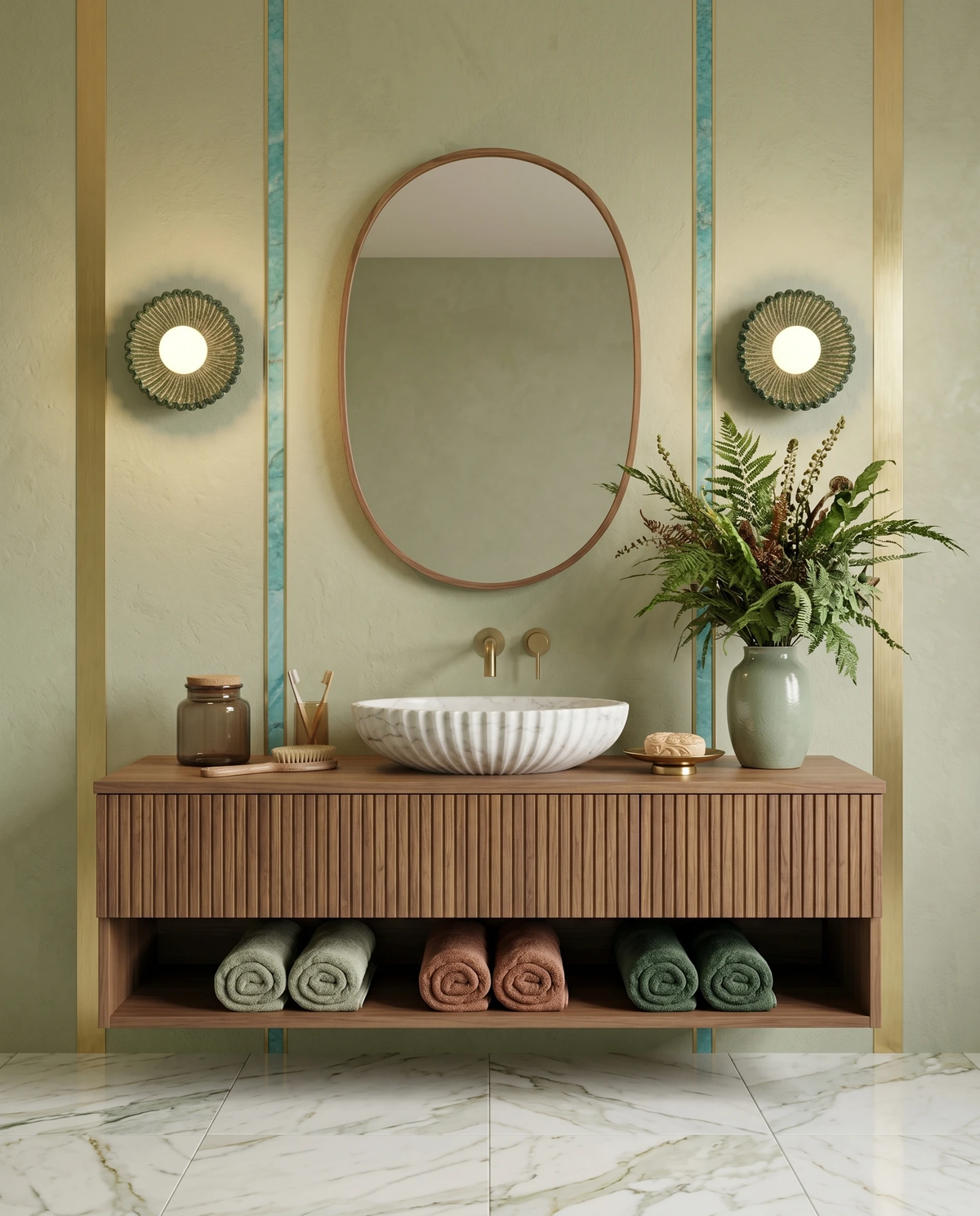 Two ceramic wall sconces RAGGI No.01 in green lit beside an oval mirror above a fluted vanity with a ribbed vessel sink