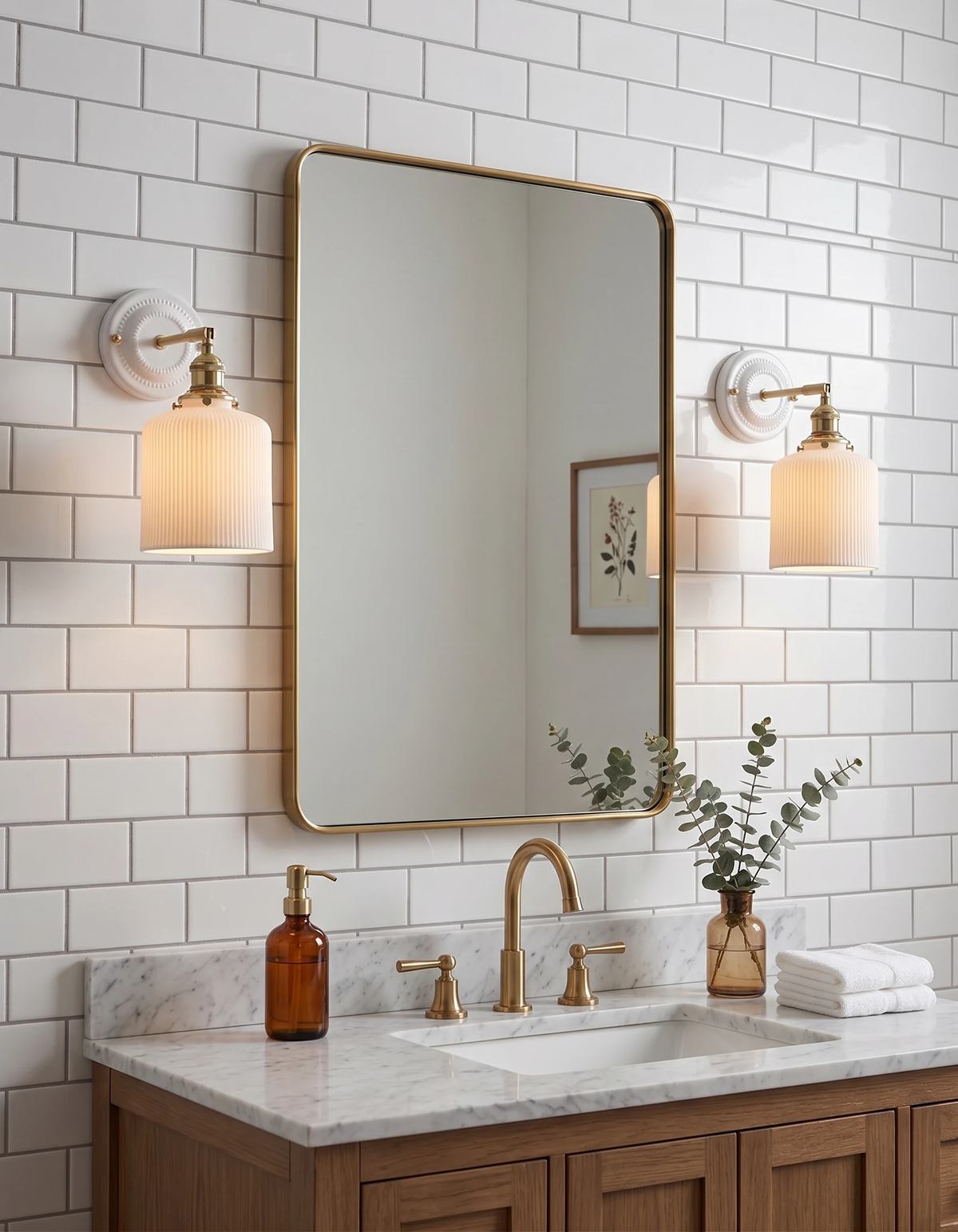 Two ceramic wall sconces RIGA No.01 lit on white subway tile flanking a brass mirror above a marble vanity