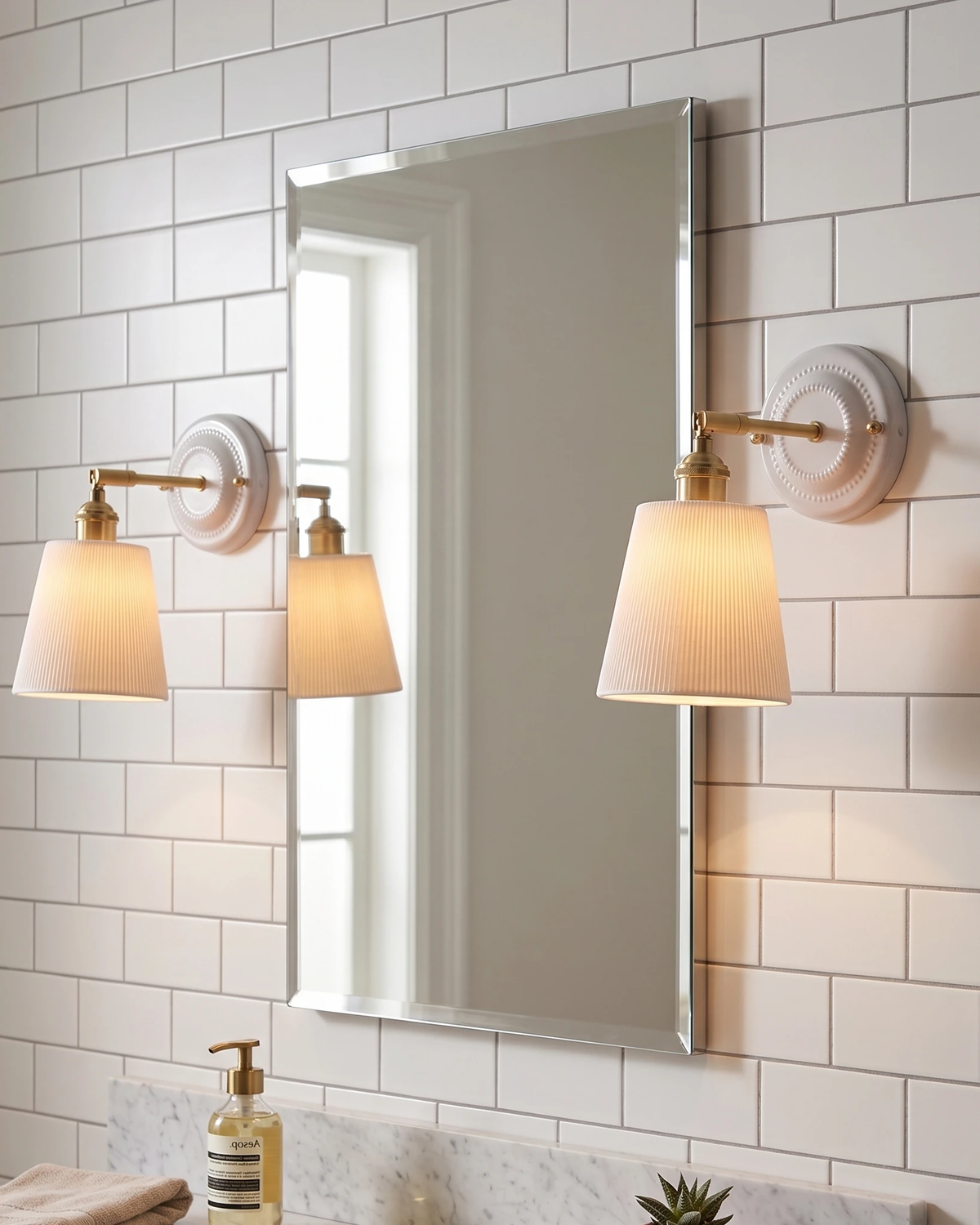 Two ceramic wall sconces RIGA No.02 lit beside a mirror on white subway tile above a bathroom sink