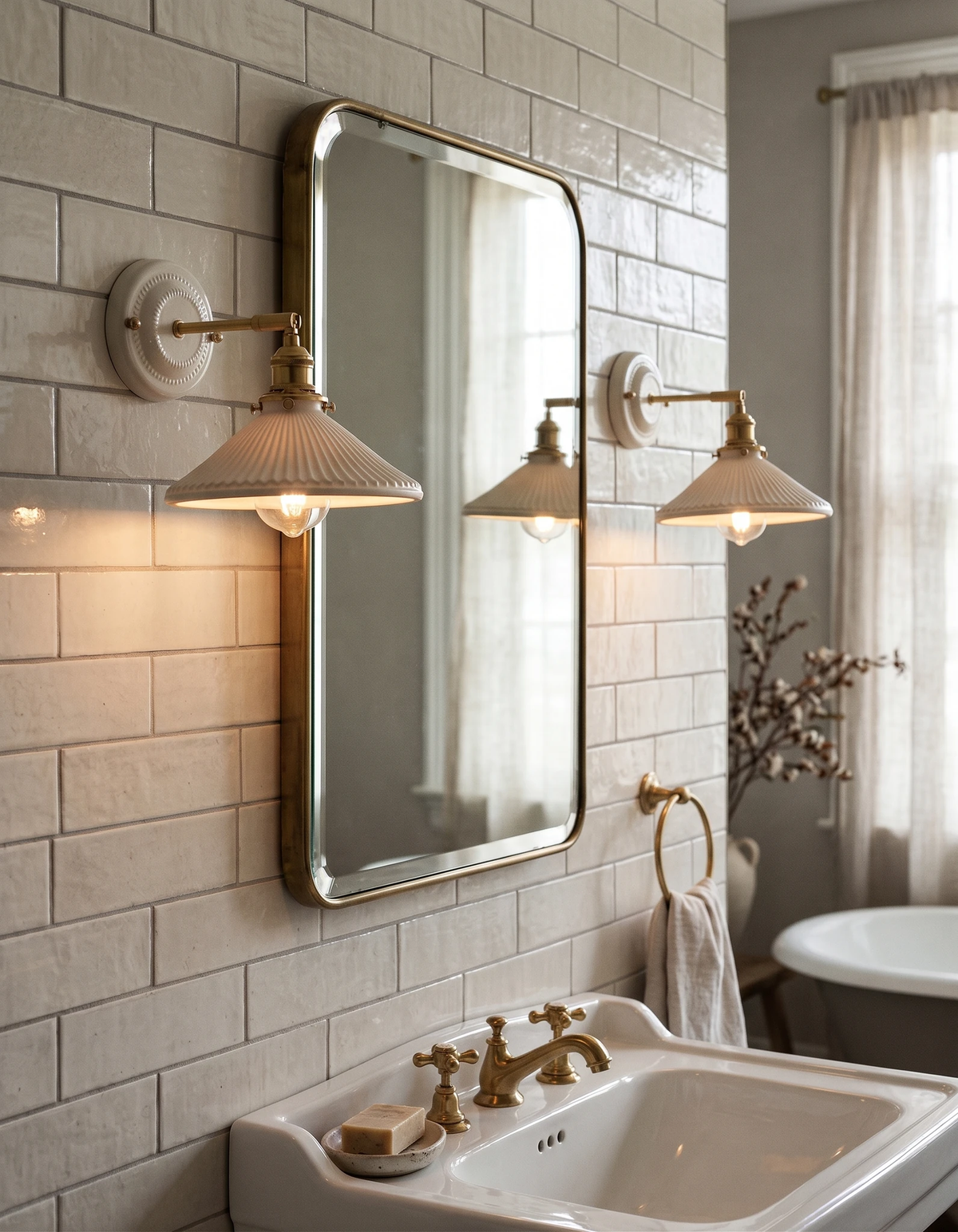 Ceramic wall sconce RIGA No.04, two ribbed coolie shades lit flanking a mirror on subway tile above a sink