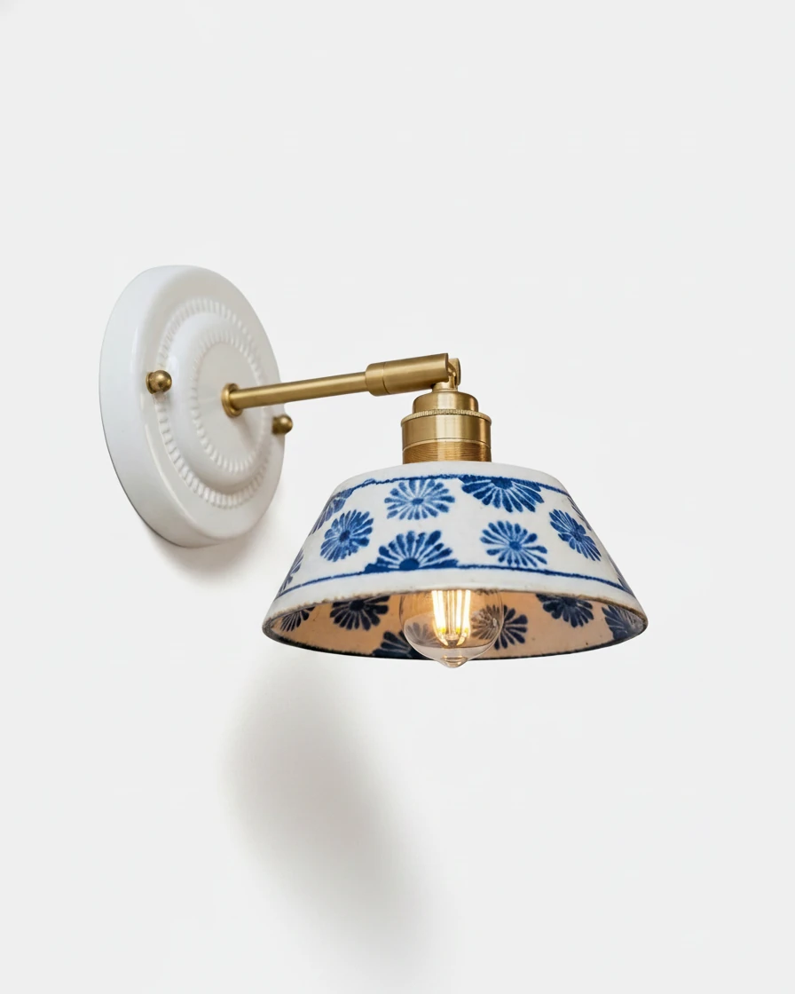 Ceramic wall sconce FIORA No.01, hand-painted blue floral shade on a brass arm and white ceramic backplate