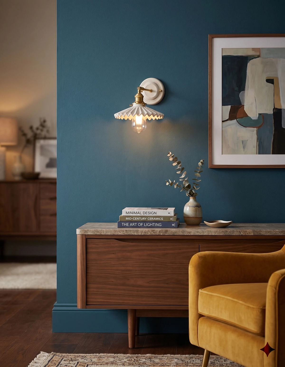 Ceramic wall sconce RIGA No.03 lit on a teal wall above a walnut sideboard beside a mustard armchair