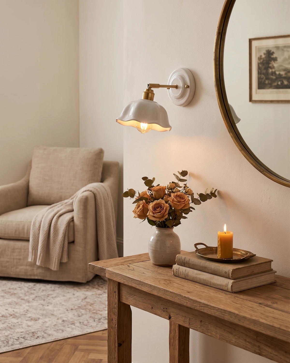 Ceramic wall sconce RIGA No.05 lit beside a round mirror above a wooden console with roses and a candle