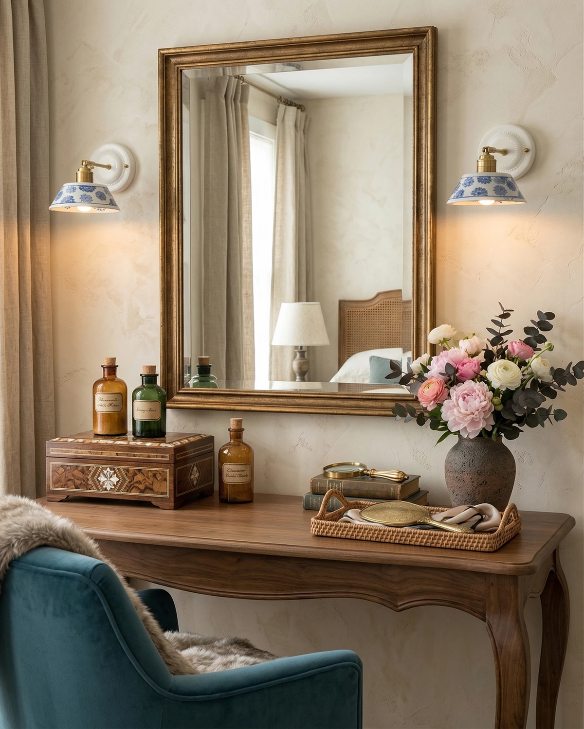 Two FIORA No.01 ceramic wall sconces flanking a mirror above a dressing table