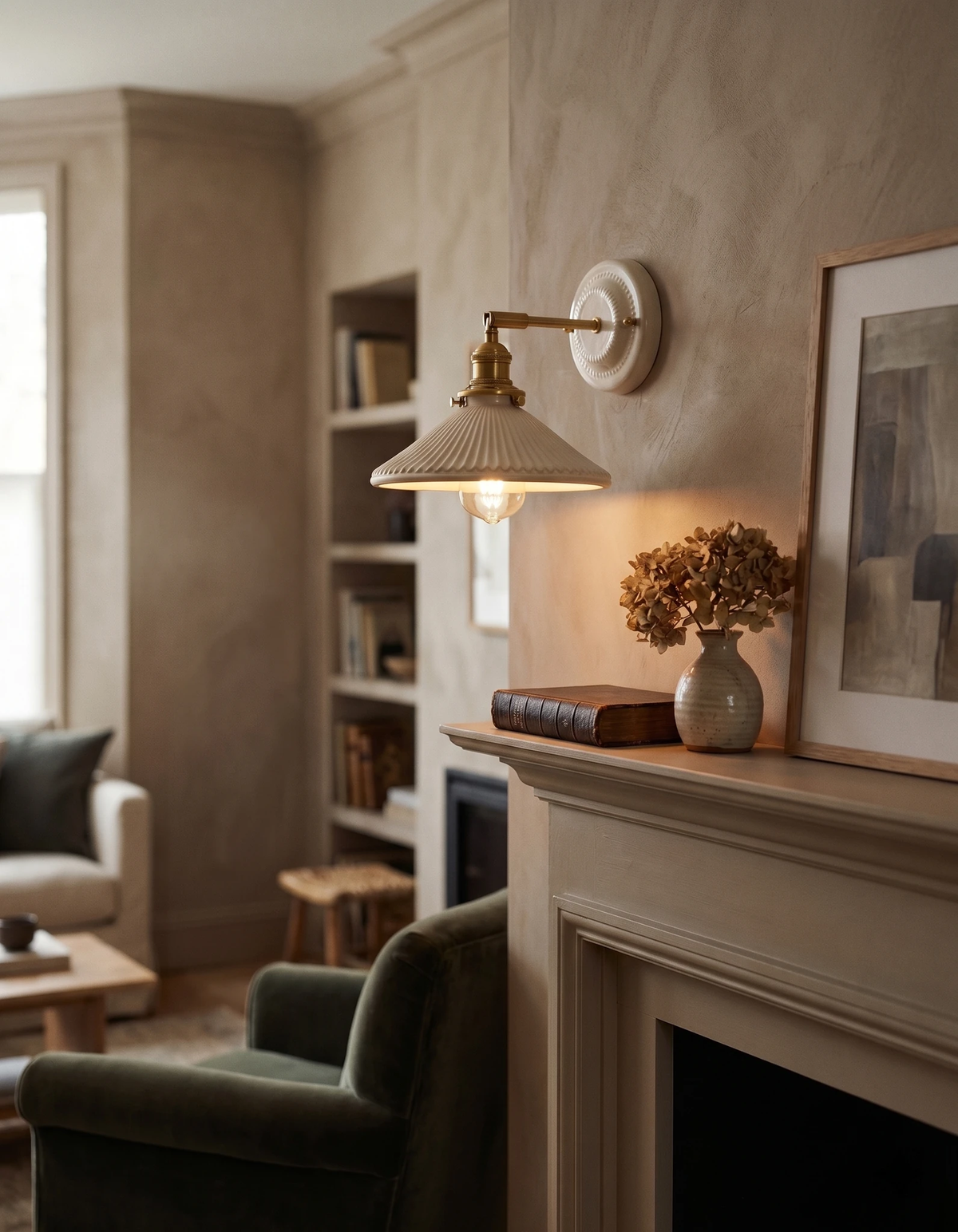 Ceramic wall sconce RIGA No.04 lit above a fireplace mantel with framed art and a green armchair