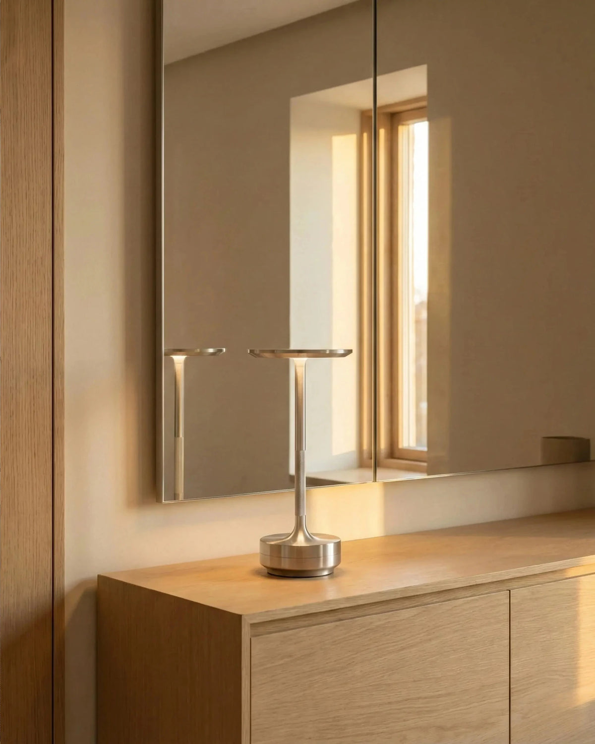 Cordless desk lamp LUMA No.05 in silver, lit on a light oak sideboard beneath a mirror by a window