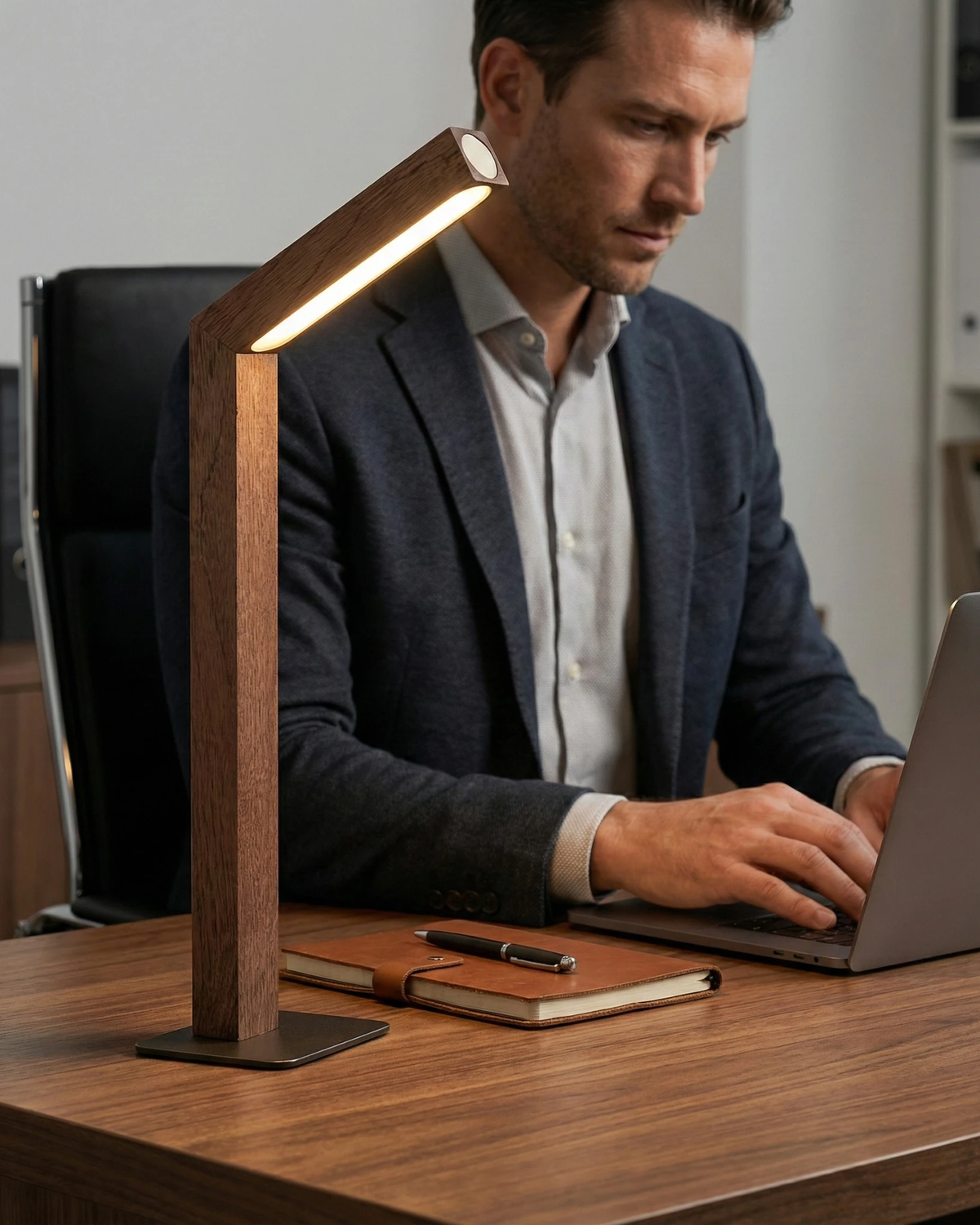 Cordless desk lamp RAMO No.01 in dark sapele, lit over a laptop as a man in a jacket works at the desk