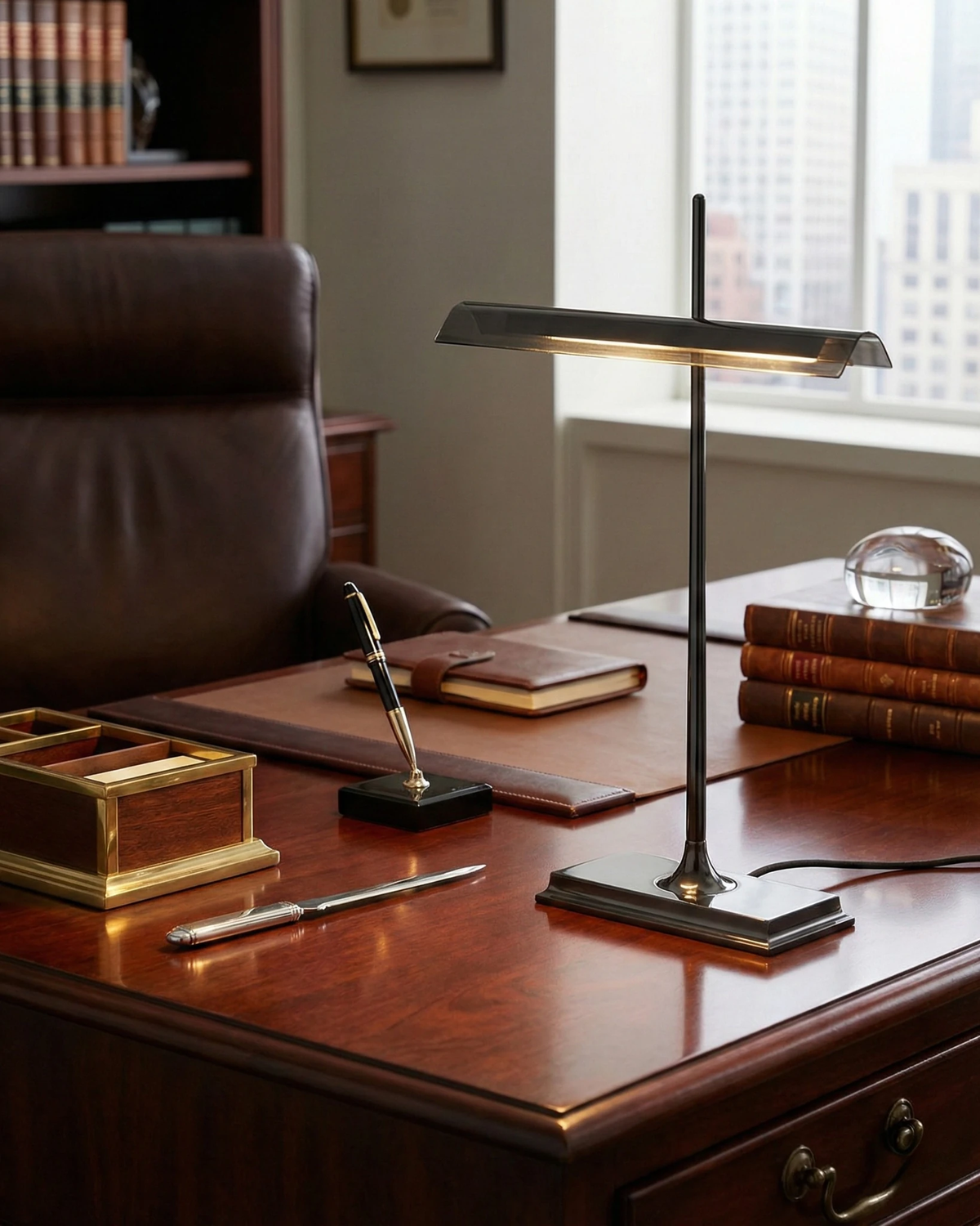 Cordless desk lamp BANCO No.02 black version switched on over a red leather desktop with a leather chair