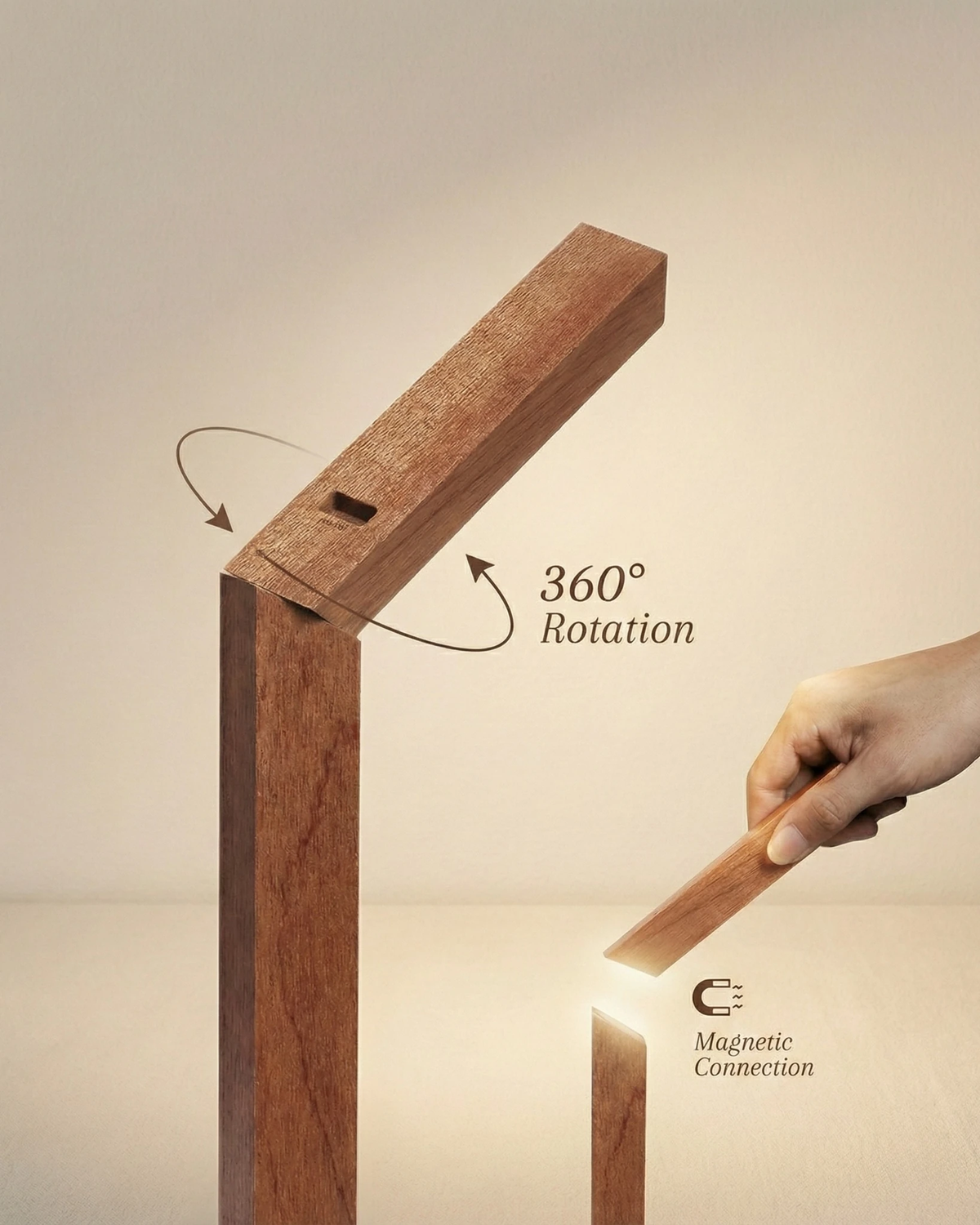 Close-up of the RAMO No.01 cordless desk lamp head being attached by hand, with rotation and magnet callouts