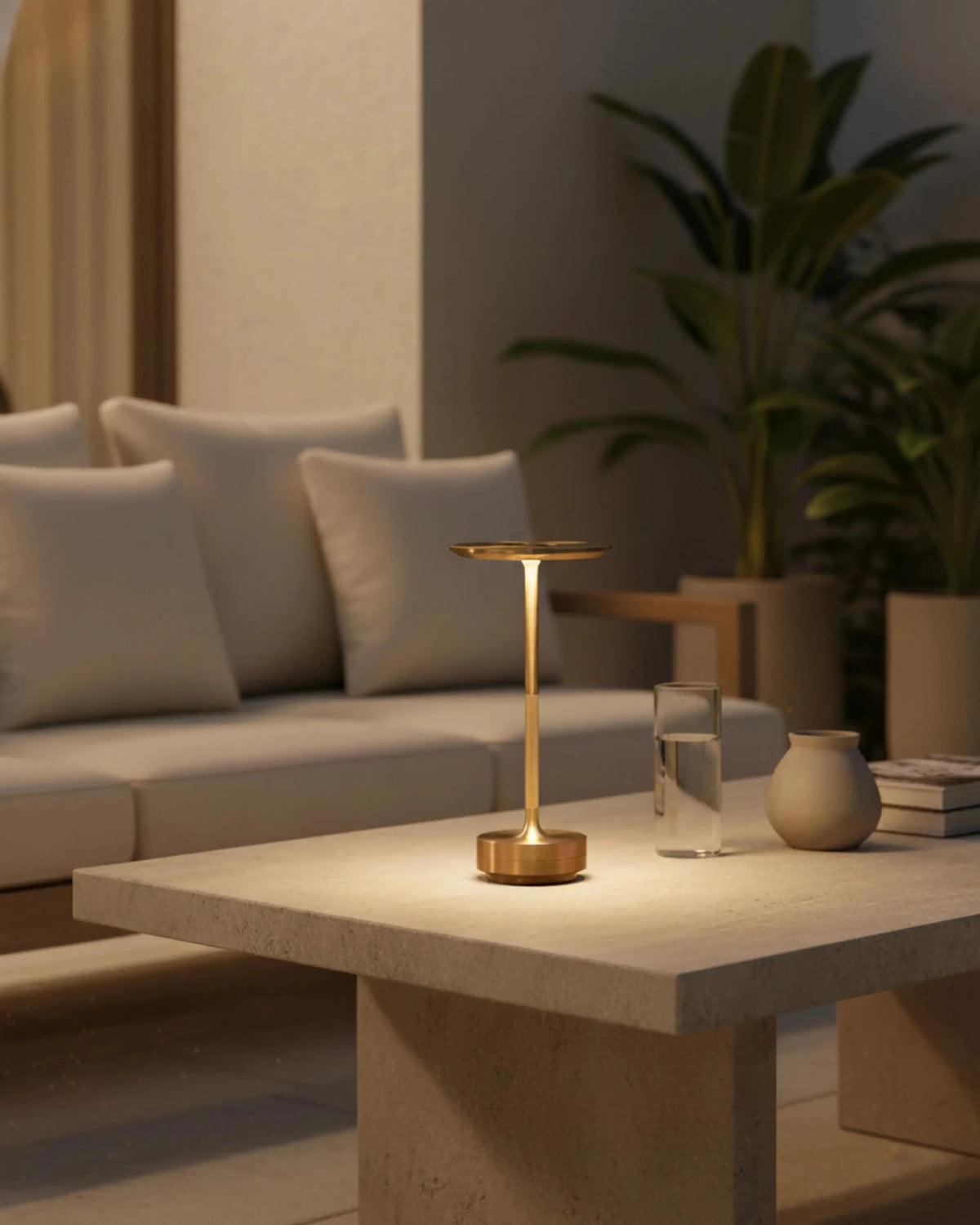 Cordless desk lamp LUMA No.05 in brass lit on a coffee table in front of a beige sofa