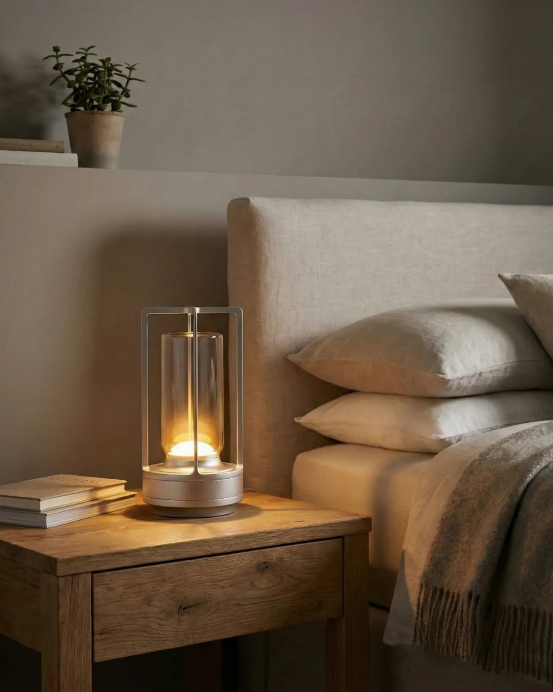Cordless lantern lamp LATTA No.01 in brushed silver glowing on an oak nightstand beside a bed with cream pillows