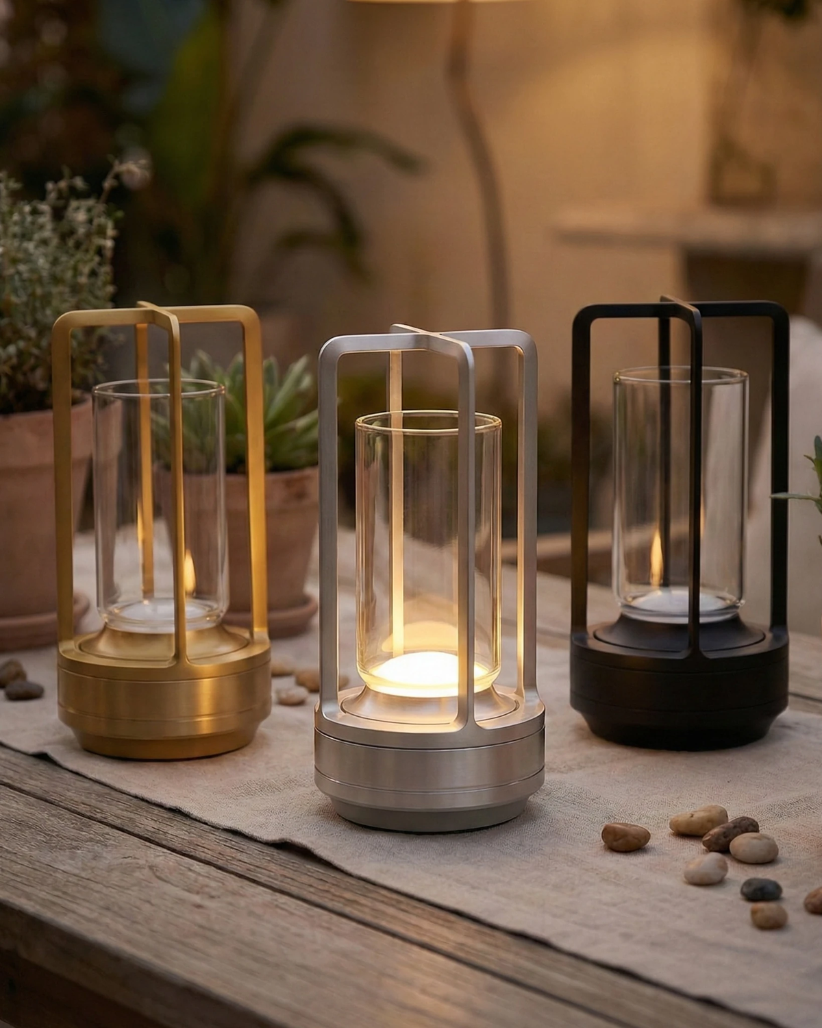 Three cordless lantern lamps LATTA No.01 in gold, silver and black lit on a wooden table with a linen runner