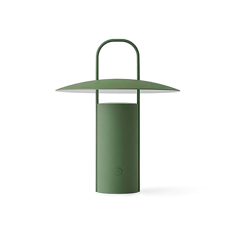 Cordless lantern lamp PORTO No.01 in Forest Green, flat disc shade over a cylinder body, switched on