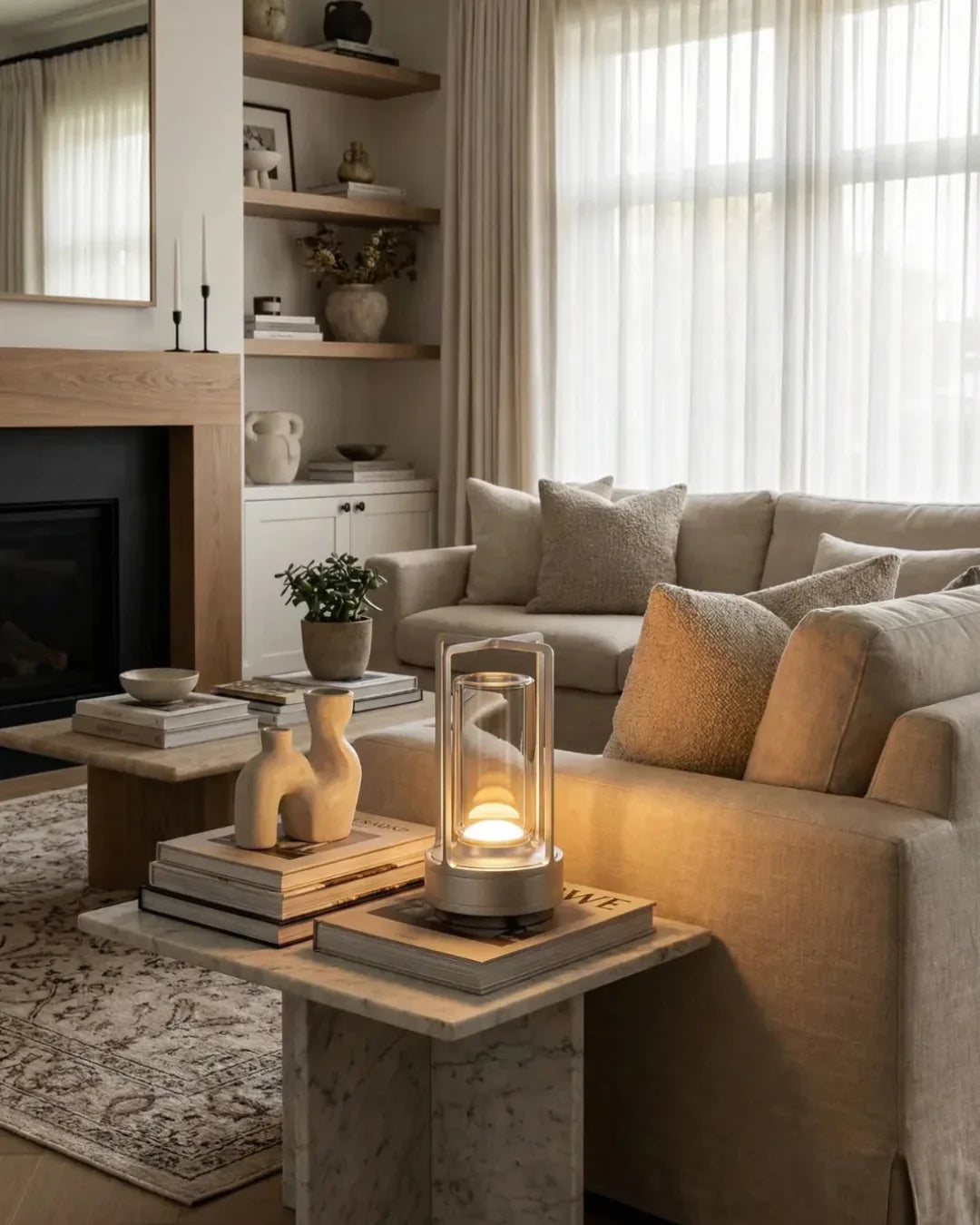 Cordless lantern lamp LATTA No.01 lit on a stone coffee table with books in a cream living room