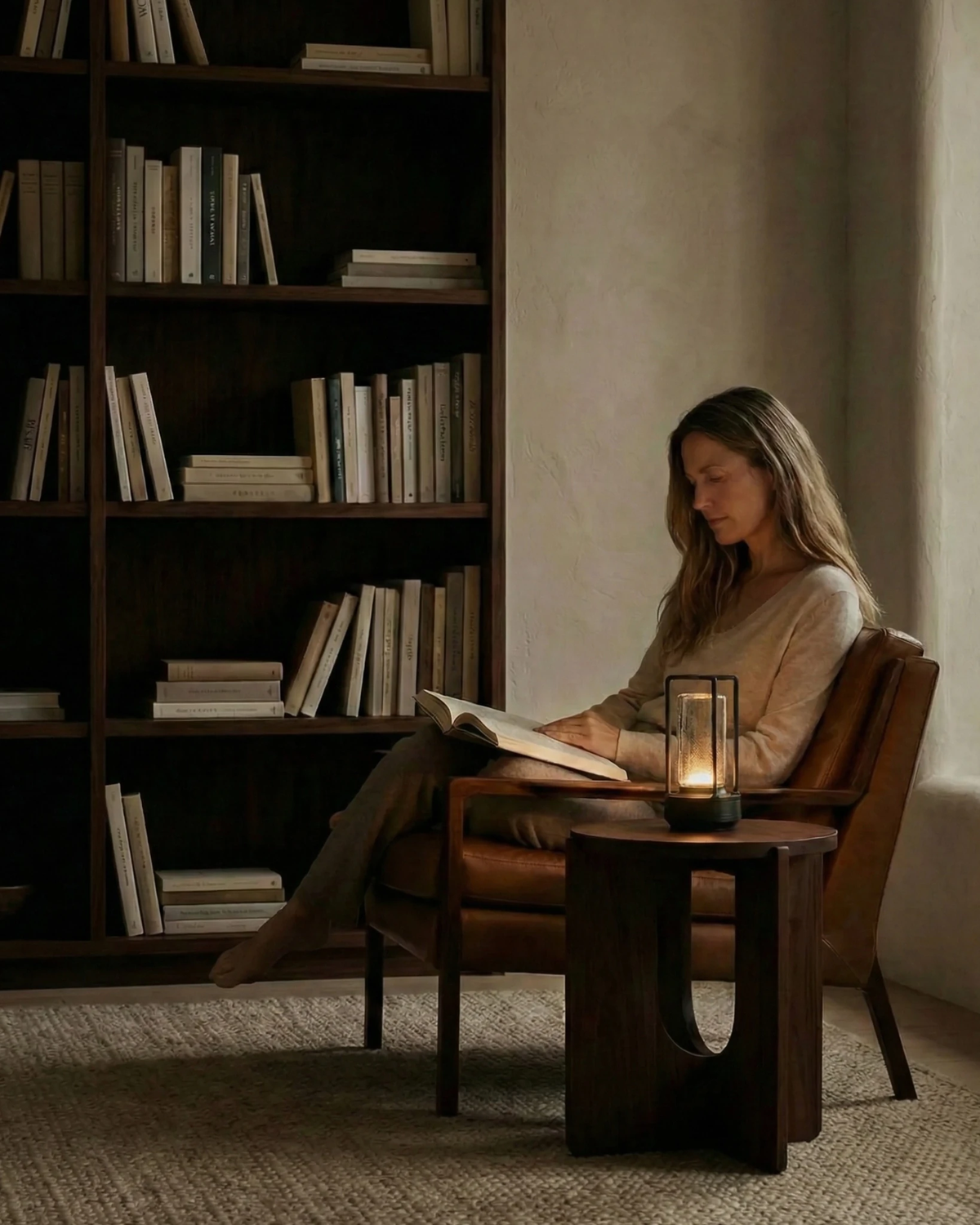 Cordless lantern lamp LATTA No.01 lit on a side table next to a woman reading in a leather chair by bookshelves