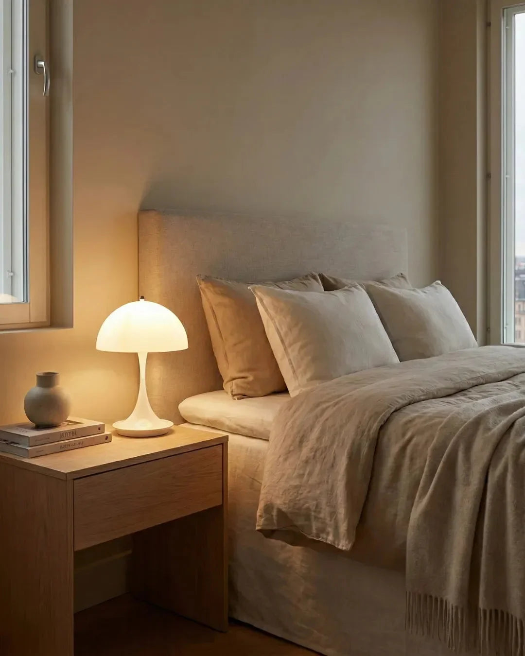 Cordless mushroom lamp FONTE No.01 in soft white lit on a wooden nightstand next to a bed with linen bedding