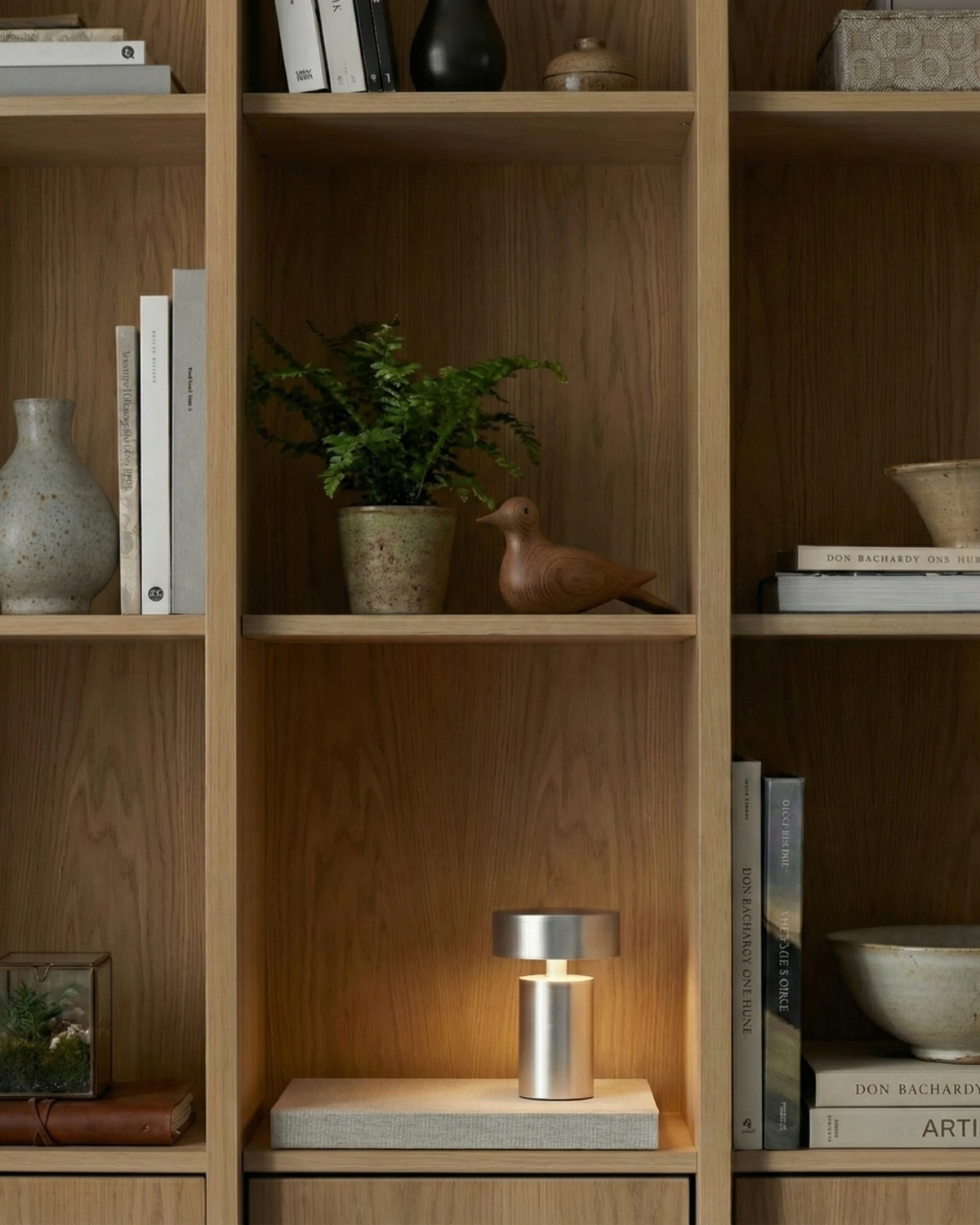 Cordless mushroom lamp PADOVA No.01 in silver switched on inside an oak bookcase among books and plants
