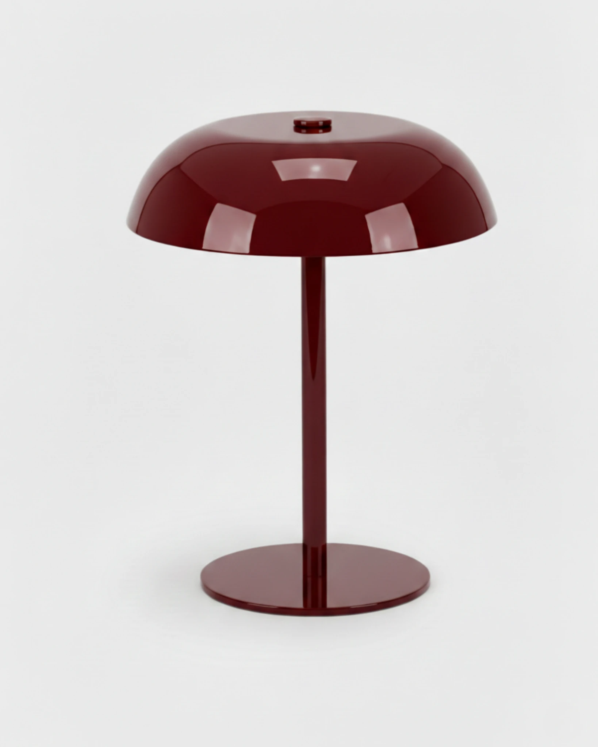 Cordless mushroom lamp LUMA No.02 in Bordeaux Red, deep wine-red dome over a thin stem and round base