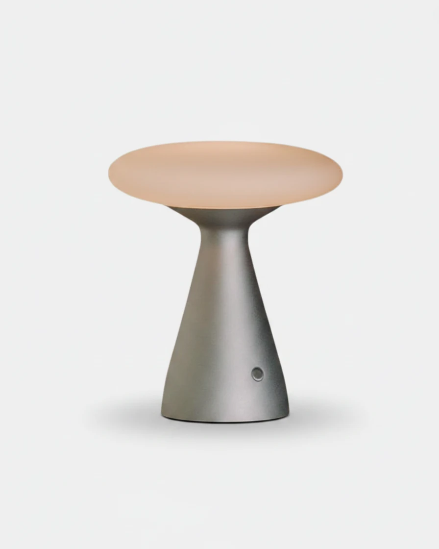 Cordless mushroom lamp DOMA No.03 in Brushed Aluminum, flat peach-tinted opal disc on a tapered aluminum base