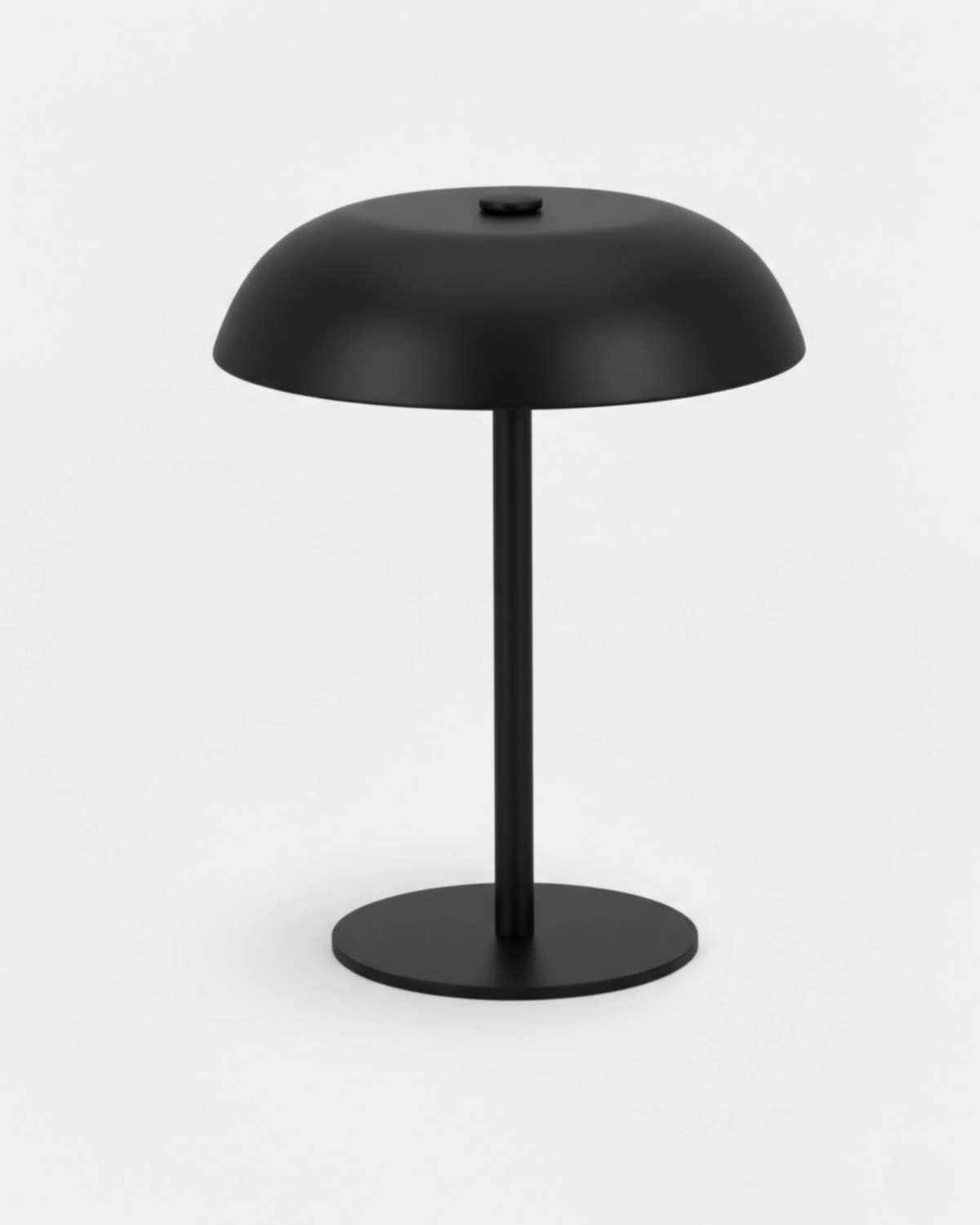 Cordless mushroom lamp LUMA No.02 in Deep Black, matte black mushroom shade on a slim stem and disc base