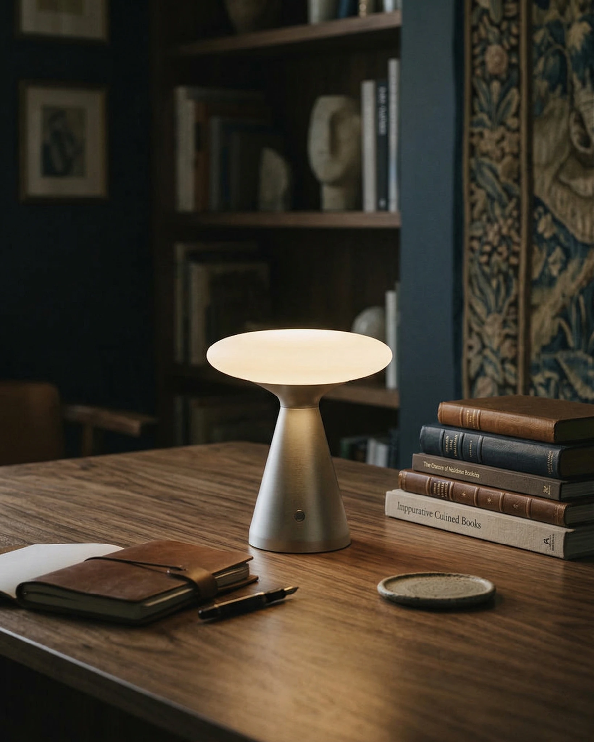 Cordless mushroom lamp DOMA No.03 lit on a walnut desk with stacked books and a leather wallet in a dark study