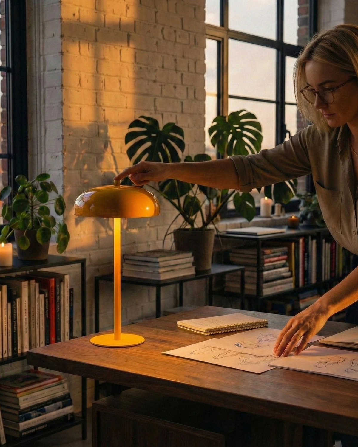 Cordless mushroom lamp DOMA No.01 in yellow switched on atop a wooden desk as a woman leans over papers in a brick loft