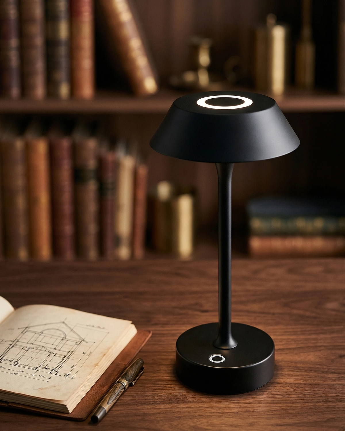 Cordless mushroom lamp CIMA No.01 in black lit on a walnut desk with an open book and shelves of books