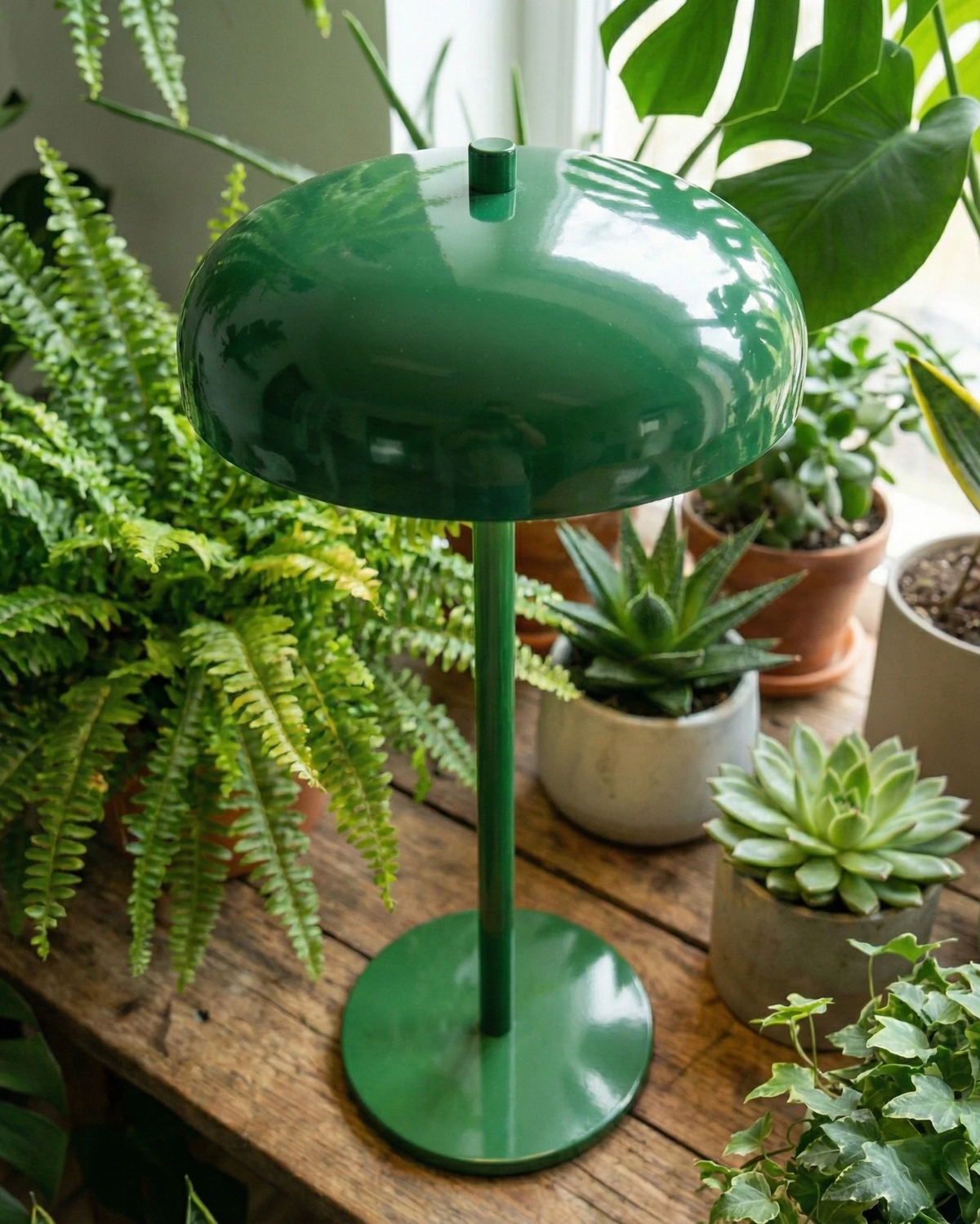 Close-up of the green lacquered dome of the DOMA No.01 cordless mushroom lamp surrounded by houseplants