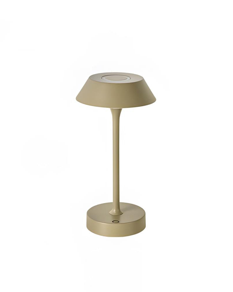 Cordless mushroom lamp CIMA No.01 in Mustard Yellow, matte shade and stem, lit ring visible on top
