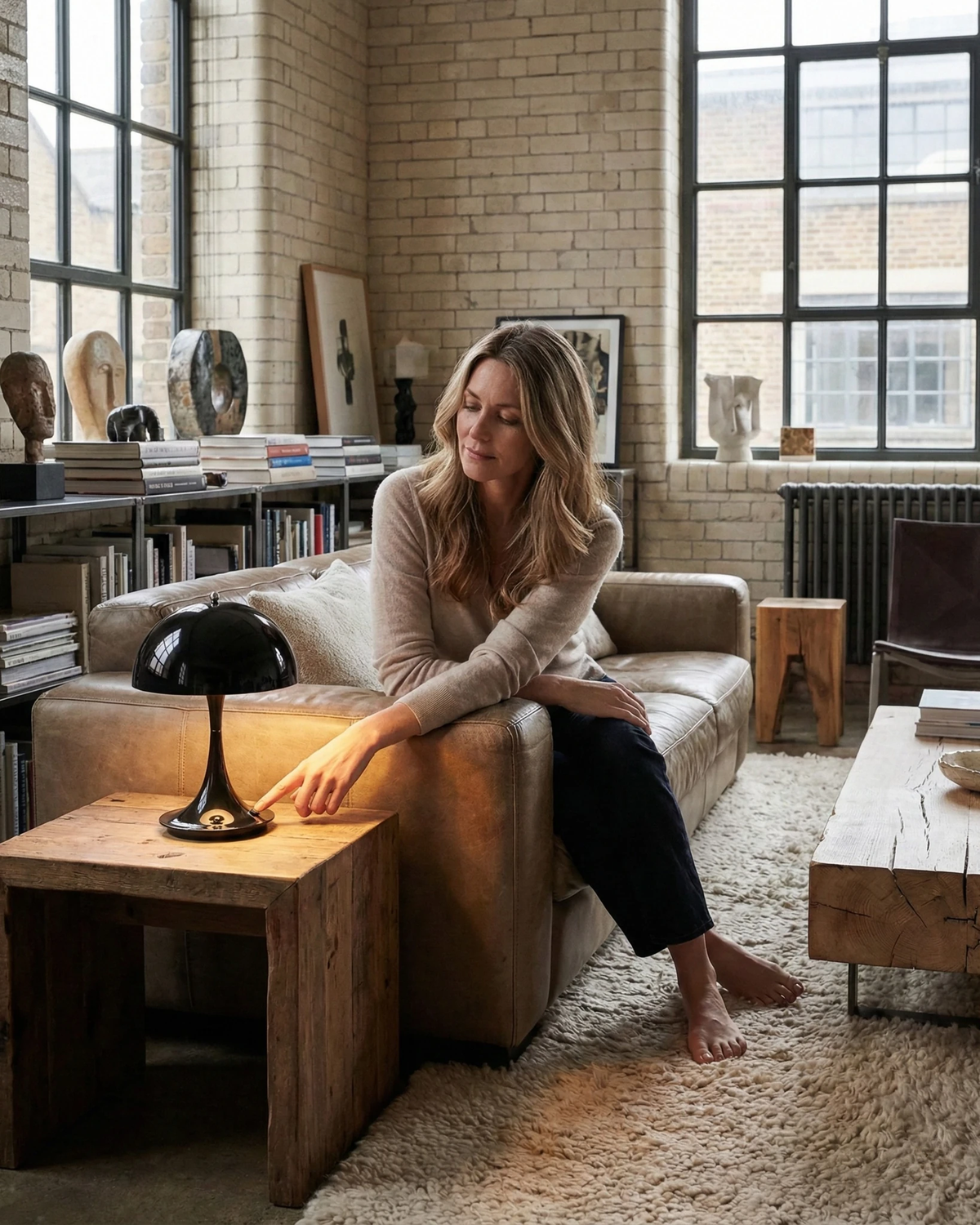 Cordless mushroom lamp FONTE No.01 in black on a wooden side table as a woman sits on a leather sofa in a loft