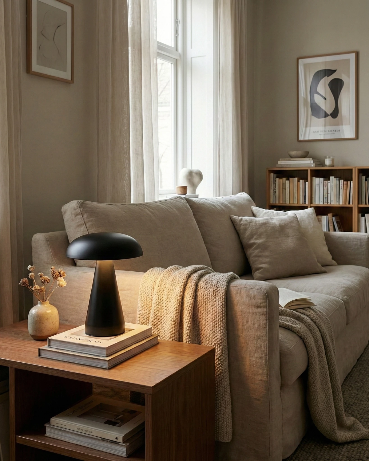 Cordless mushroom lamp LUMA No.04 in black switched on atop books on a walnut side table beside a beige sofa