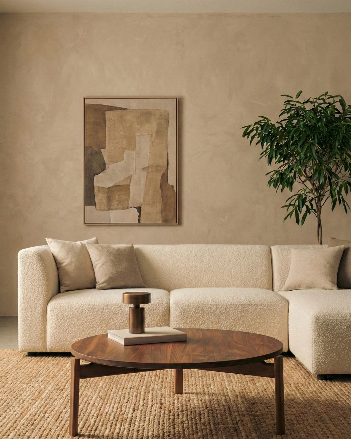 Cordless mushroom lamp PADOVA No.01 in brown on a round walnut coffee table in front of a cream sectional sofa